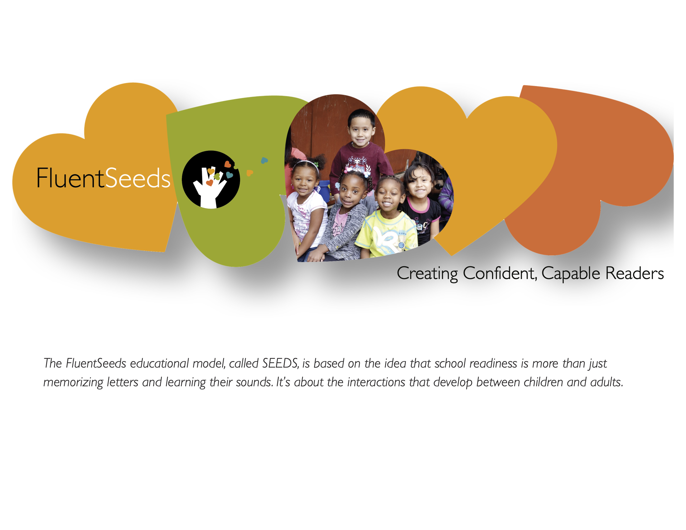 Cover screen showing photo of children surrounded by hearts graphic and FluentSeeds logo, with text below saying, "Creating Confident, Capable Readers" and below that text saying, "The FluentSeeds educational model, called SEEDS, is based on the idea that school readiness is more than just memorizing letters and learning their sounds. It’s about the interactions that develop between children and adults."